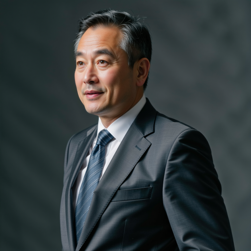 三十五岁左右中年男性头像，穿深蓝色西装，简洁背景，神情严肃认真，展现专业严谨的教学风格